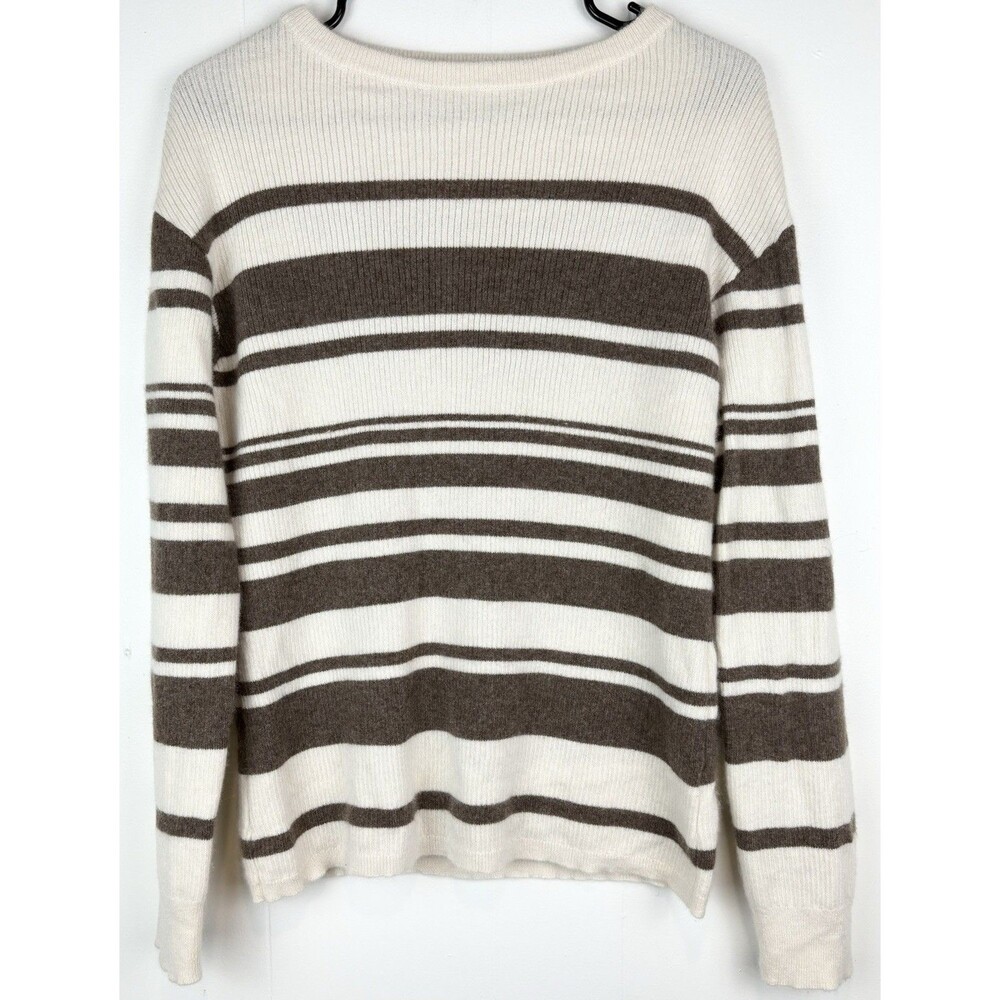 Garnet Hill 100% Cashmere Women's Striped Beige Brown Sweater, Extra Large, XL